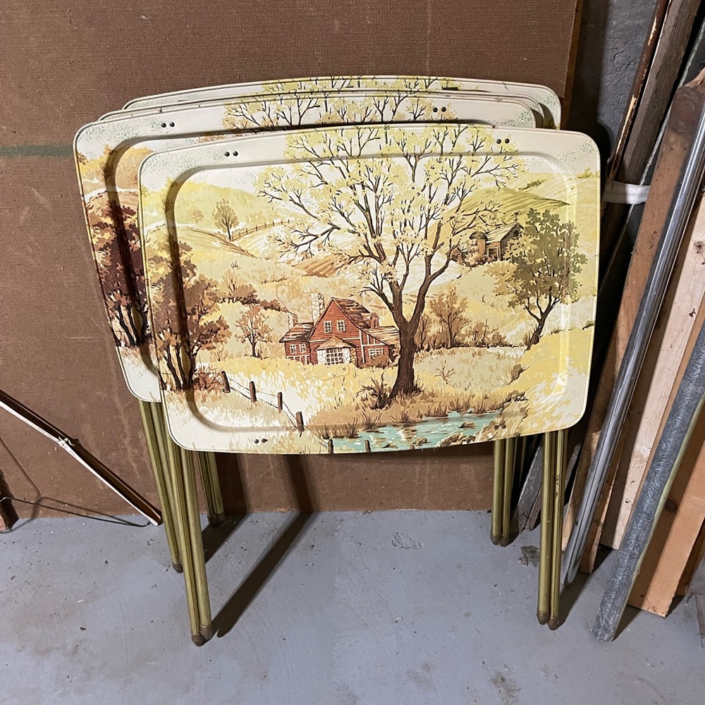 Vintage Folding TV Trays with Scenic Design